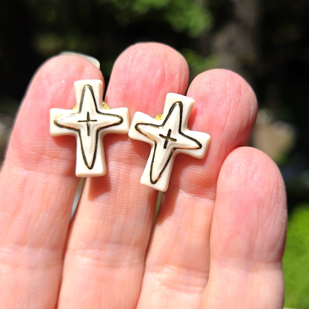 Vintage Porcelain & Gold Handmade Cross Earrings 1"